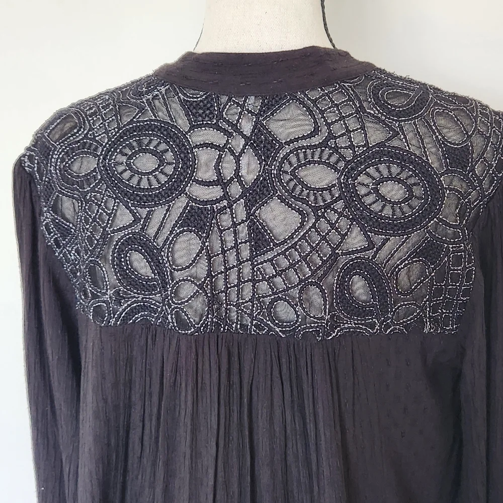 FREE PEOPLE Canyon Rose Embroidered Boho Hi Lo Blouse Black Whimsigoth Grunge XS